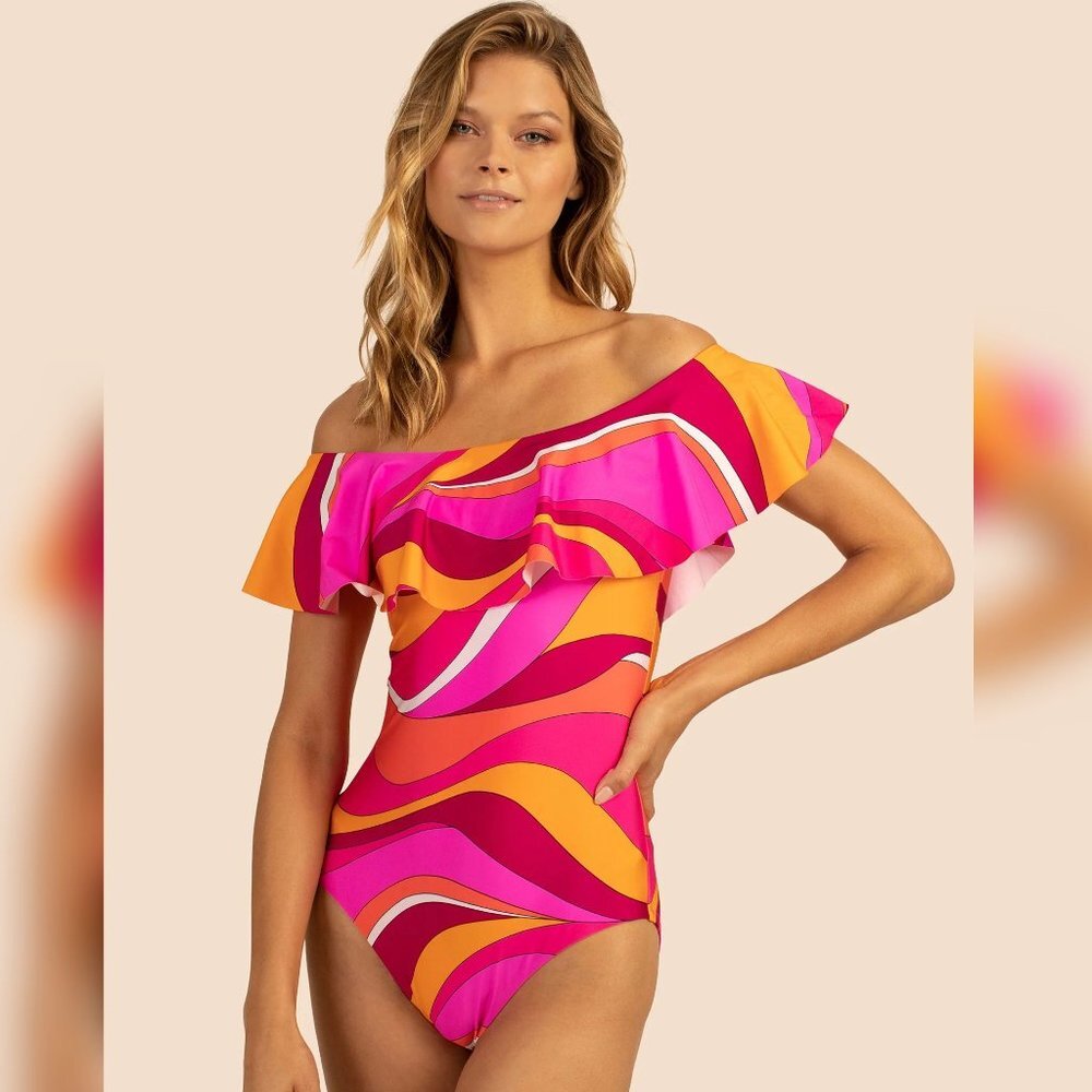 TRINA TURK Vivid Vista Ruffle One Piece Swimsuit NWT (Reg. $162) Sz 14 - Picture 6 of 8